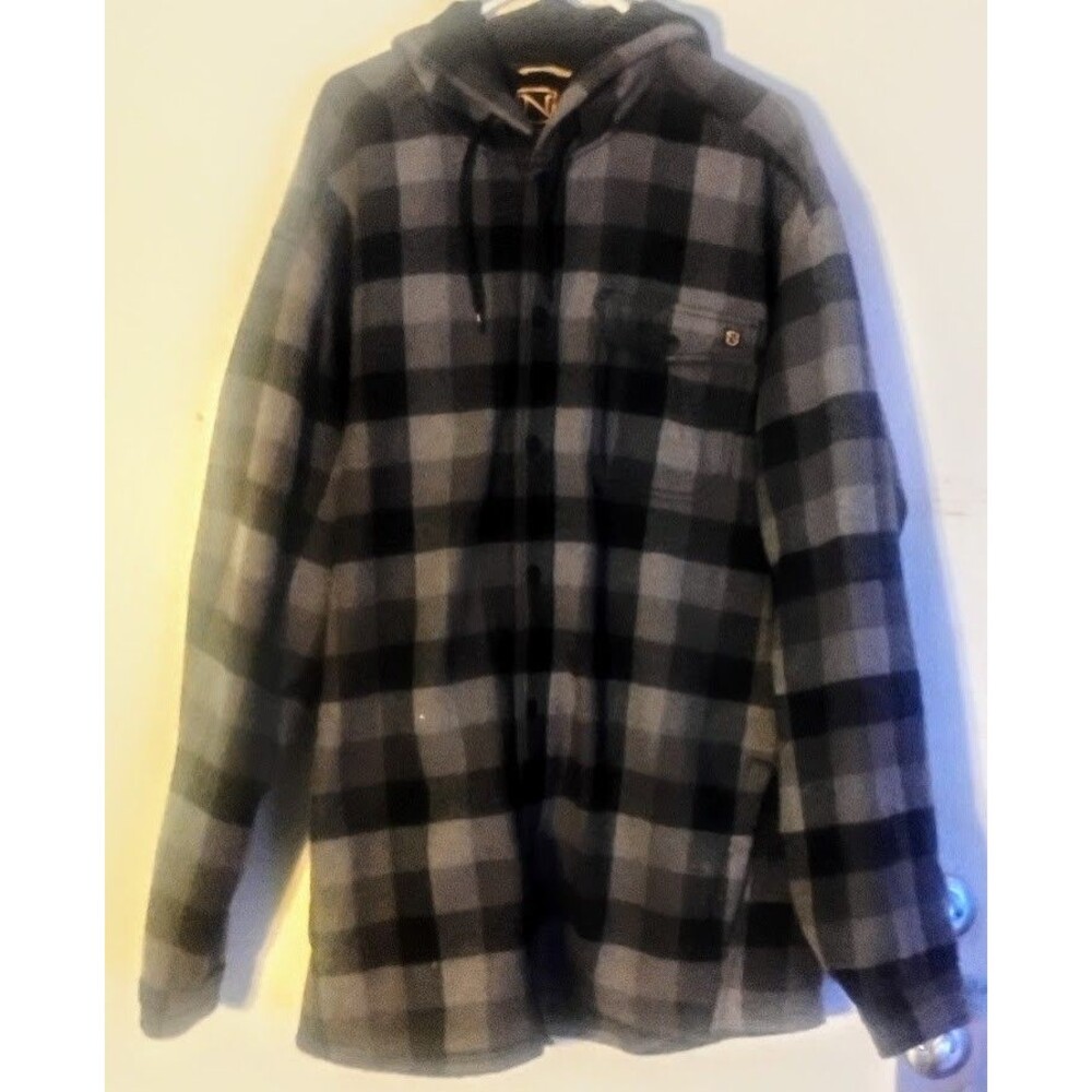 NOBLE OUTFITTERS MENS 3XL FLEECE LINED FLANNEL HOODED SHIRT JACKET BLACK GREY
